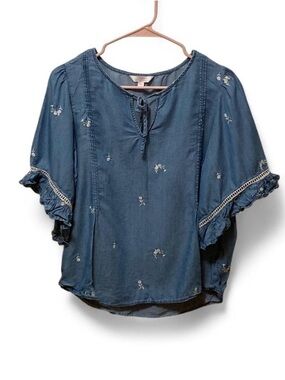 LC Lauren Conrad Chambray Embroidered Indigo Peasant Blouse with Tie Neck